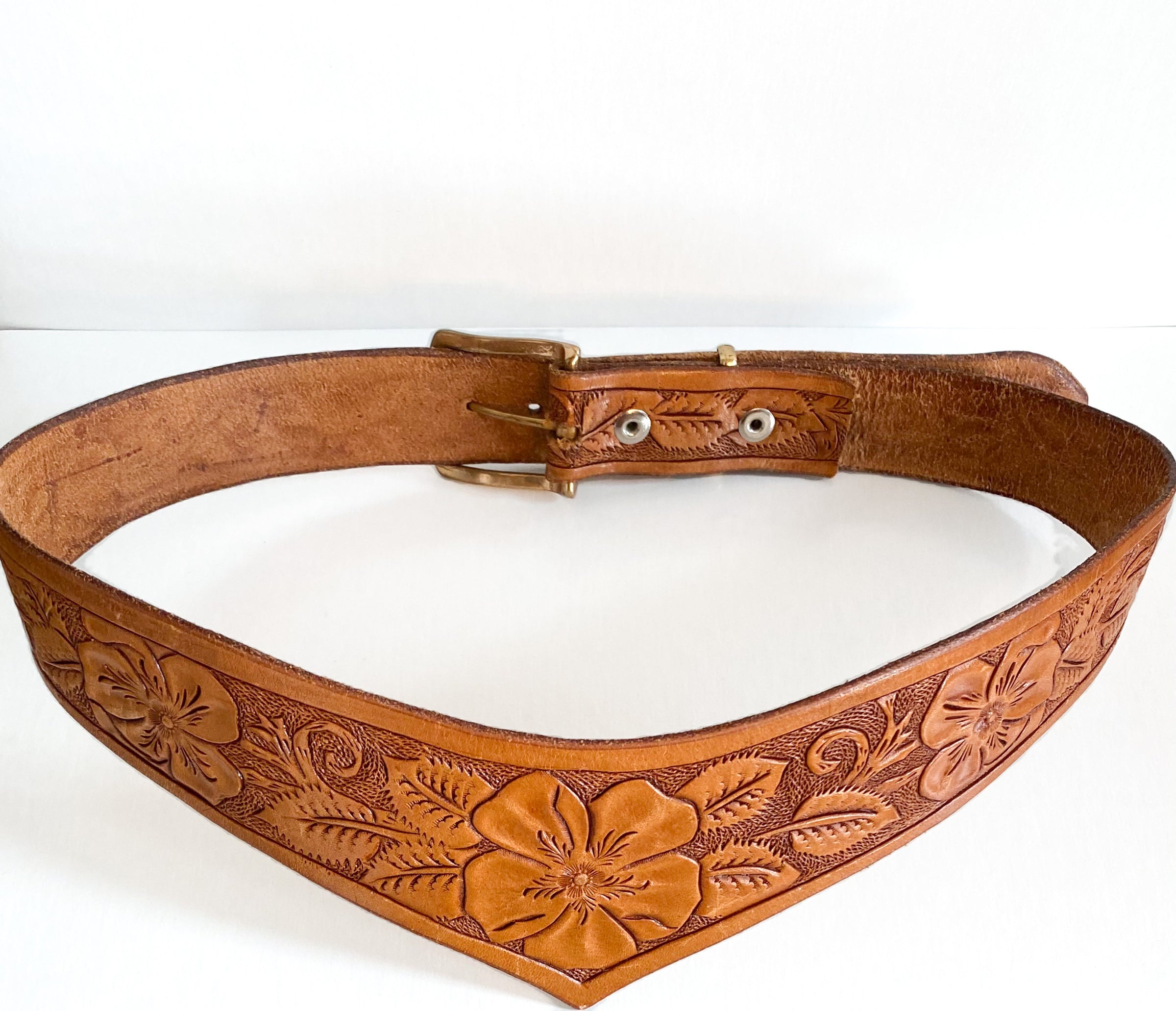 Tooled Leather Belt with Long Fringe