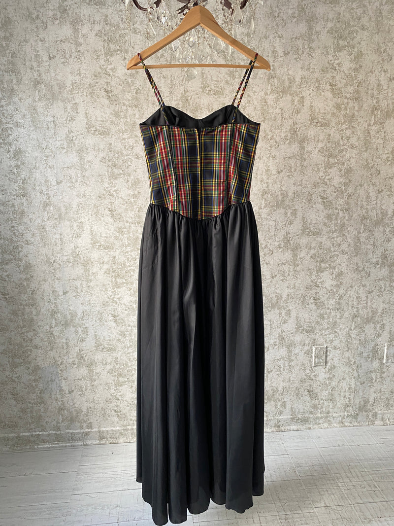 1980s Plaid + Black Taffeta Dress