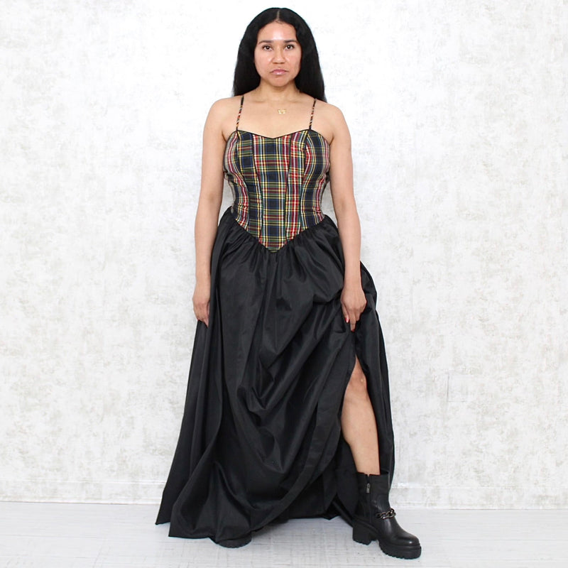 1980s Plaid + Black Taffeta Dress